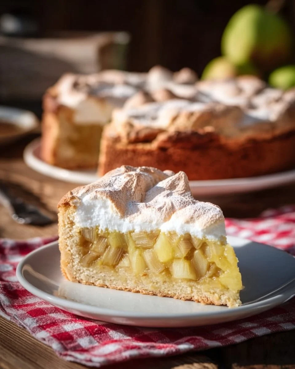 Rhabarberkuchen mit Baiser auf einem Teller, dekoriert mit frischen Früchten