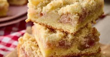 Rhabarberkuchen mit Streusel vom Blech frisch gebacken auf einem Tablett