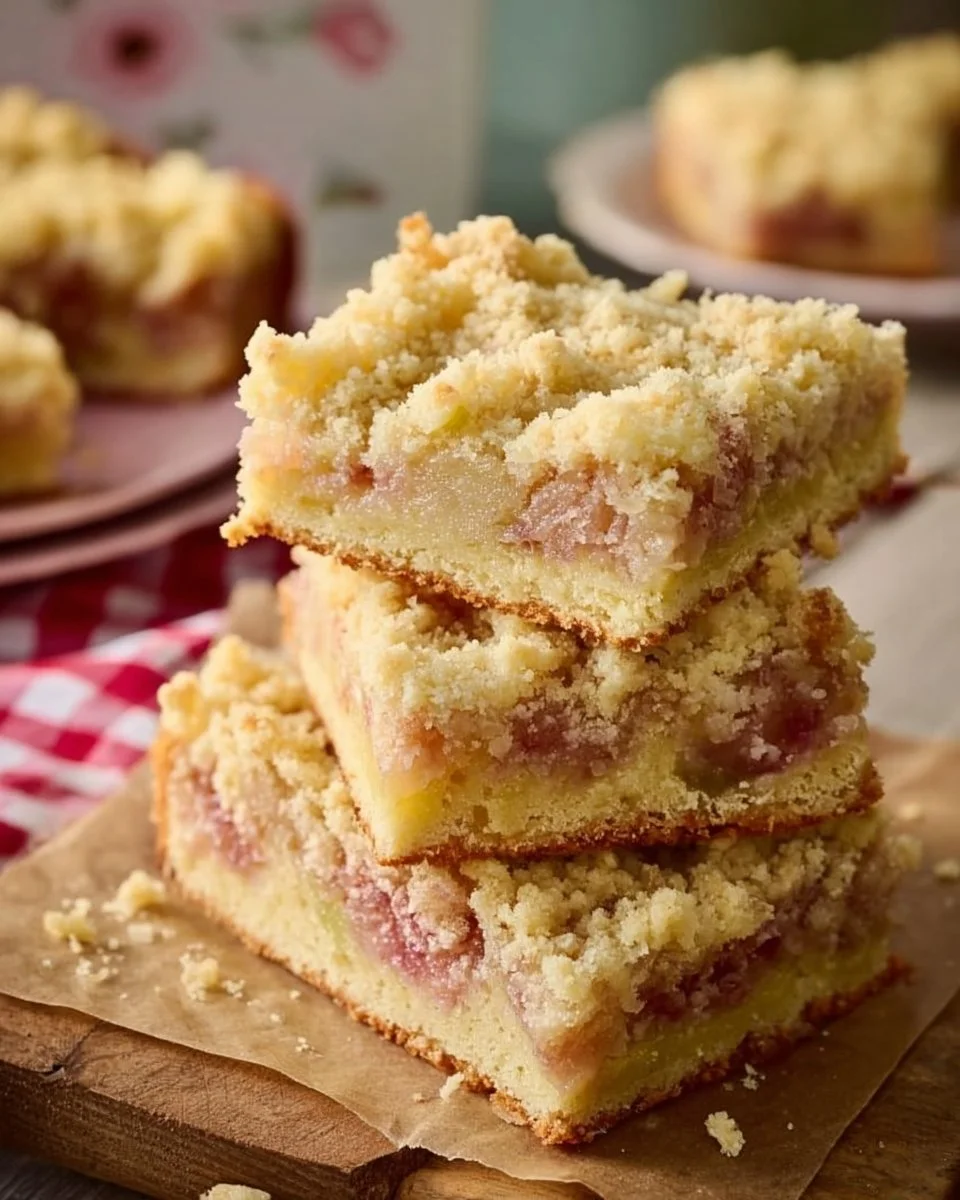 Rhabarberkuchen mit Streusel vom Blech frisch gebacken auf einem Tablett