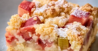 Rhabarberkuchen mit Streusel-Topping, einfach für Backanfänger zu machen.