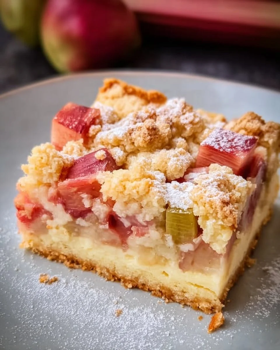 Rhabarberkuchen mit Streusel-Topping, einfach für Backanfänger zu machen.