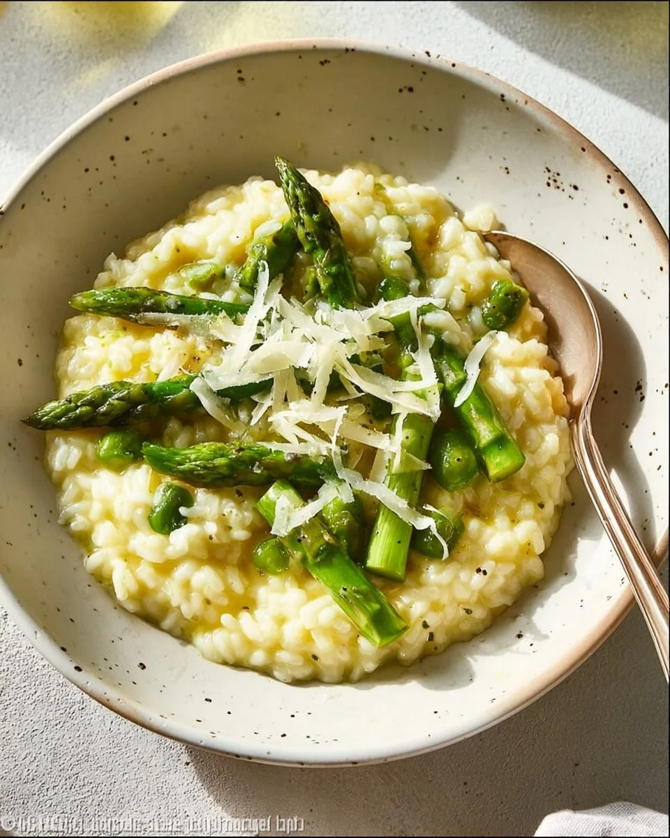Risotto mit grünem Spargel auf einem Teller serviert