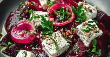 Rote-Bete-Salat mit Fetakäse auf einem Teller