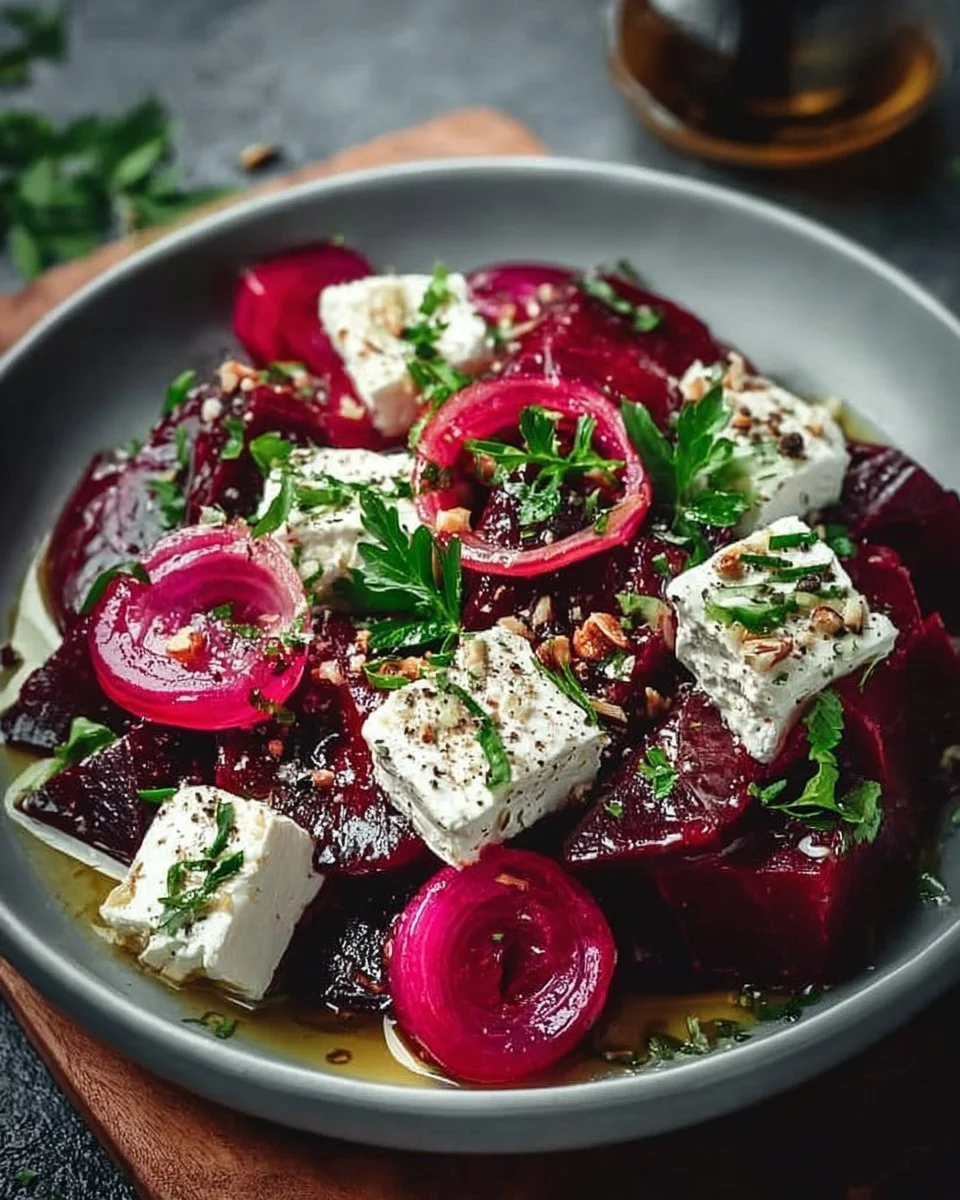 Rote-Bete-Salat mit Fetakäse auf einem Teller