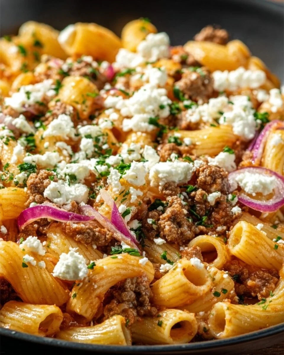 Schnelle Nudel-Hackfleisch-Pfanne mit Feta auf einem Teller serviert