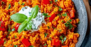 Leckere Schnelle Paprika-Reis-Pfanne mit Joghurtsoße auf einem Teller serviert