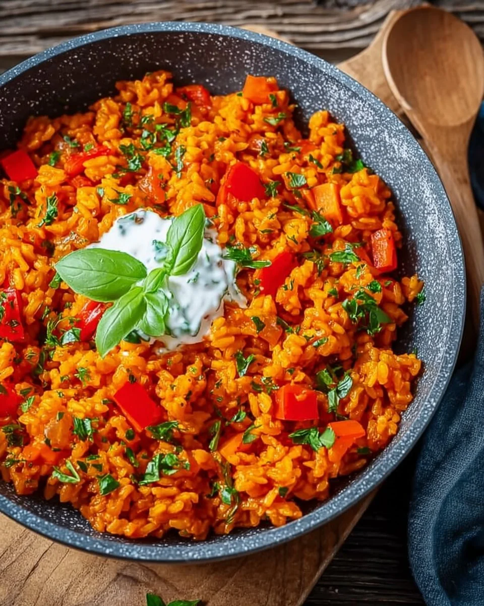 Leckere Schnelle Paprika-Reis-Pfanne mit Joghurtsoße auf einem Teller serviert