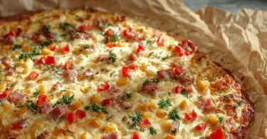 Leckere Schüttelpizza mit frischen Zutaten auf einem Holzbrett