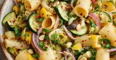 Sommerlicher Nudelsalat mit Zucchini auf einem bunten Teller serviert