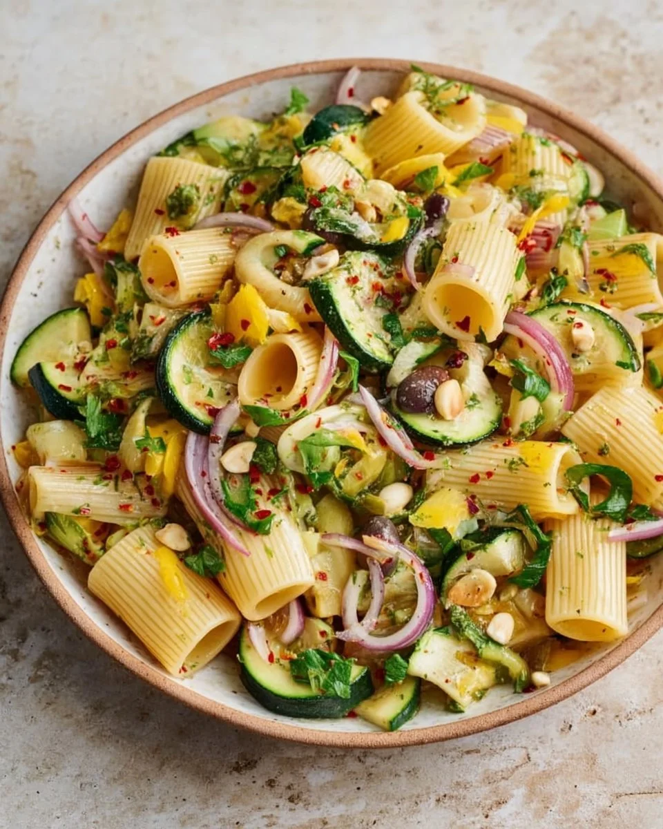 Sommerlicher Nudelsalat mit Zucchini auf einem bunten Teller serviert