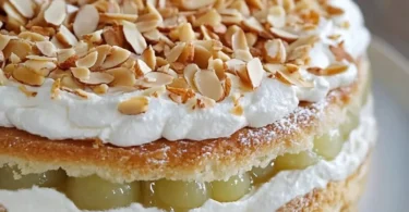 Stachelbeer-Baiser-Torte mit frischen Stachelbeeren und Baiserhaube.