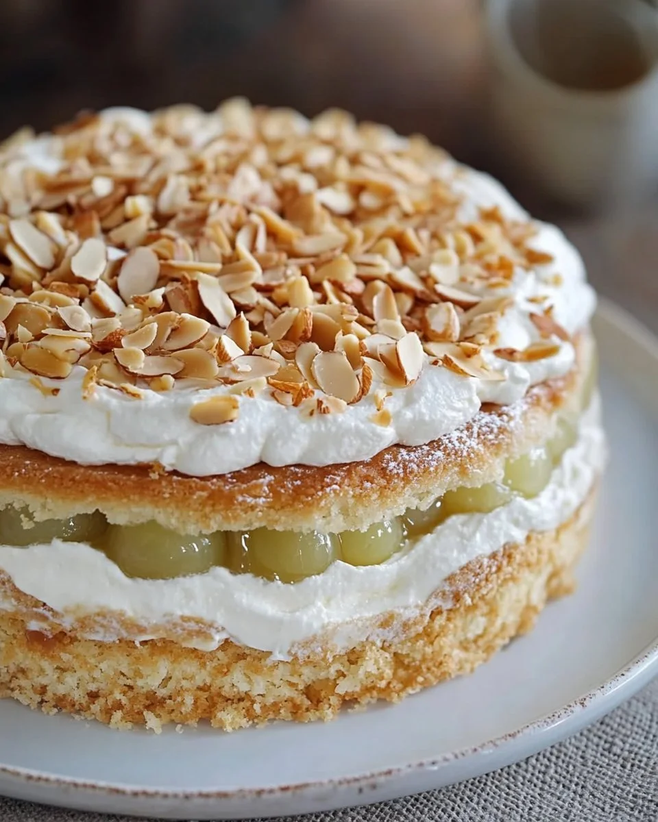 Stachelbeer-Baiser-Torte mit frischen Stachelbeeren und Baiserhaube.