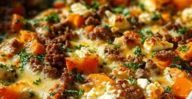 Süßkartoffel-Hackfleisch-Auflauf mit Feta aus dem Ofen