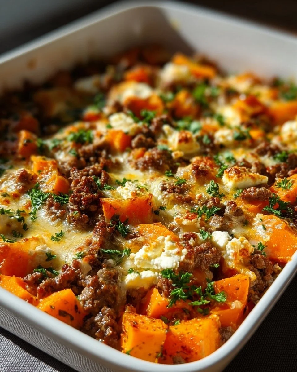 Süßkartoffel-Hackfleisch-Auflauf mit Feta aus dem Ofen