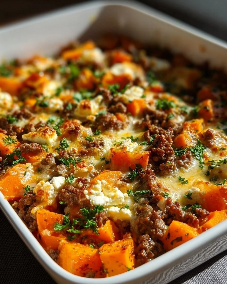 Süßkartoffel-Hackfleisch-Auflauf mit Feta