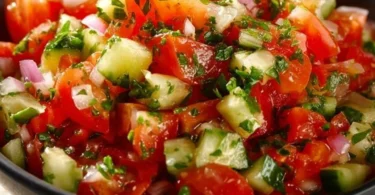 Erfrischender Tomatensalat mit Gurken auf einem Teller