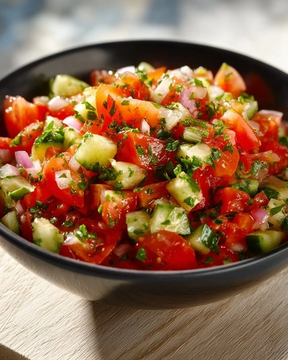 Erfrischender Tomatensalat mit Gurken auf einem Teller