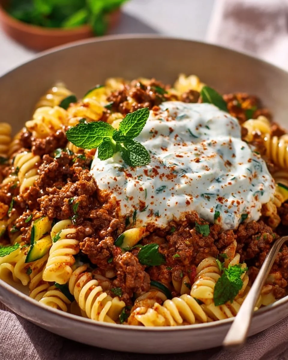 Türkische Pasta mit Hackfleisch und Joghurt-Sauce auf einem Teller serviert.