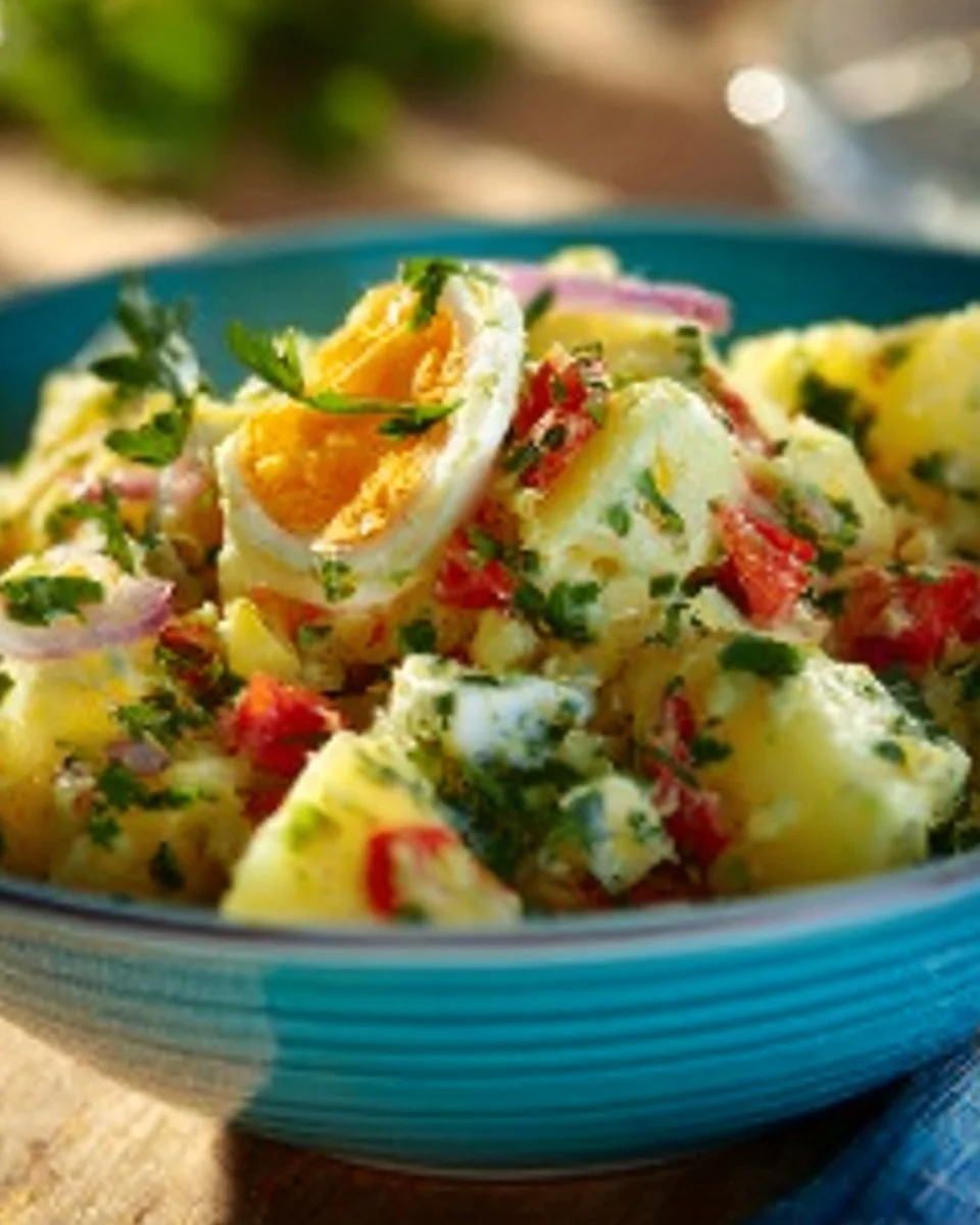 Türkischer Kartoffelsalat mit frischen Zutaten und würziger Marinade.