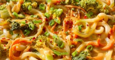Udon Nudeln mit Erdnusssauce und Gemüse auf einem Teller angerichtet.