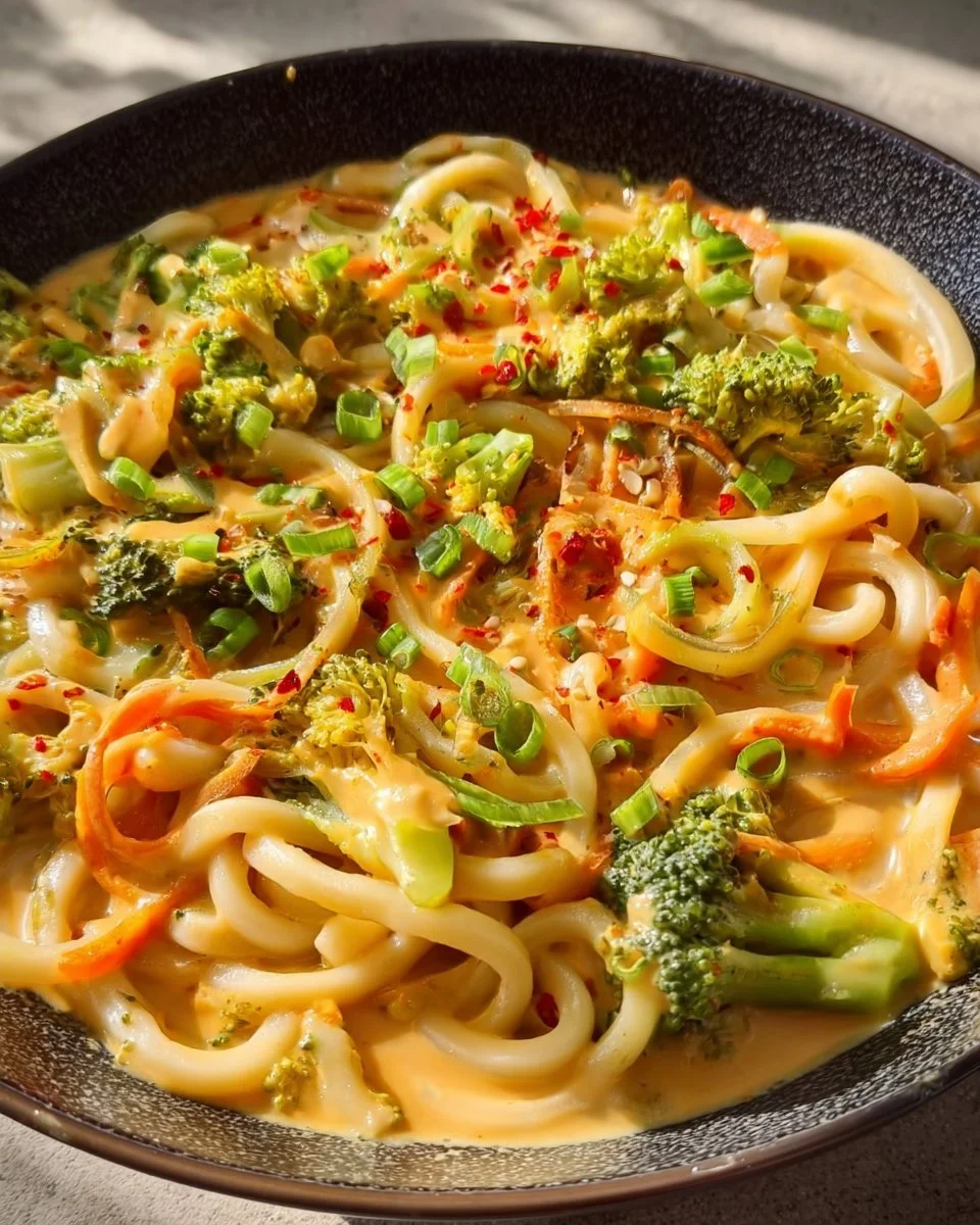 Udon Nudeln mit Erdnusssauce und Gemüse auf einem Teller angerichtet.