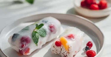 Vegane süße Sommerrollen mit Kokosreis auf einem Teller adorned mit frischen Früchten