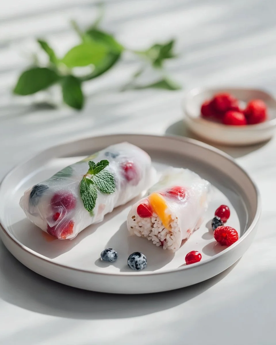 Vegane süße Sommerrollen mit Kokosreis auf einem Teller adorned mit frischen Früchten