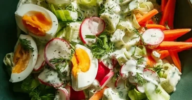 Vegetarischer Frühlingssalat mit frischem Gemüse und aromatischen Kräutern.
