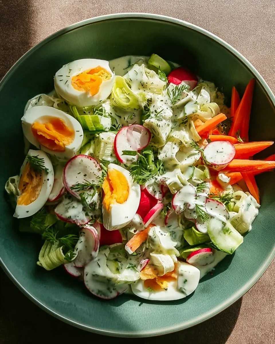Vegetarischer Frühlingssalat mit frischem Gemüse und aromatischen Kräutern.