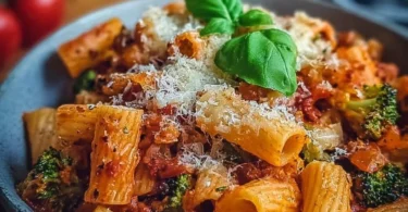 Vegetarischer Nudelauflauf mit frischem Gemüse und Käse in einer Auflaufform