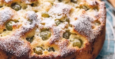 Versunkener Stachelbeerkuchen mit frischen Stachelbeeren auf einem Teller.