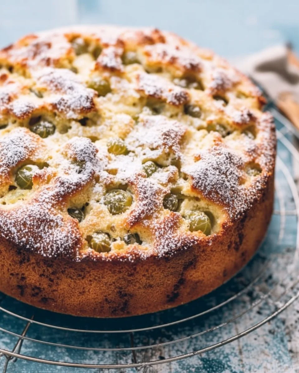 Versunkener Stachelbeerkuchen mit frischen Stachelbeeren auf einem Teller.