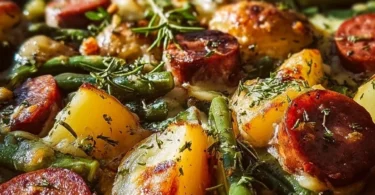 Wurst Auflauf mit Bohnen und Kartoffeln auf einem Teller serviert