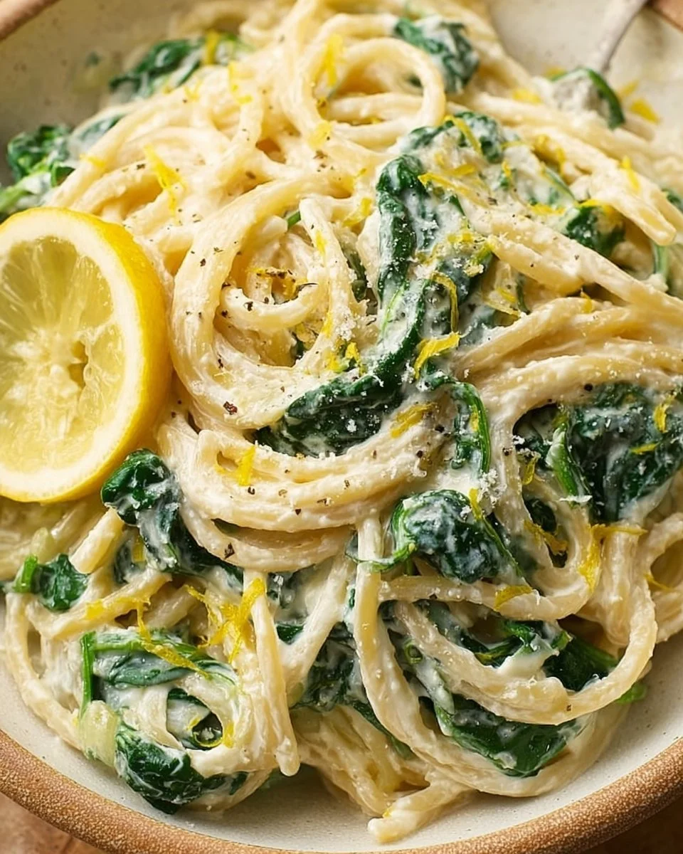 Zitronen-Ricotta-Pasta mit Spinat auf einem Teller serviert