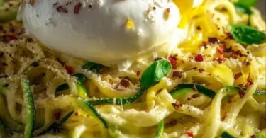 Zitronen-Zucchini-Pasta mit Burrata auf einem Teller angerichtet