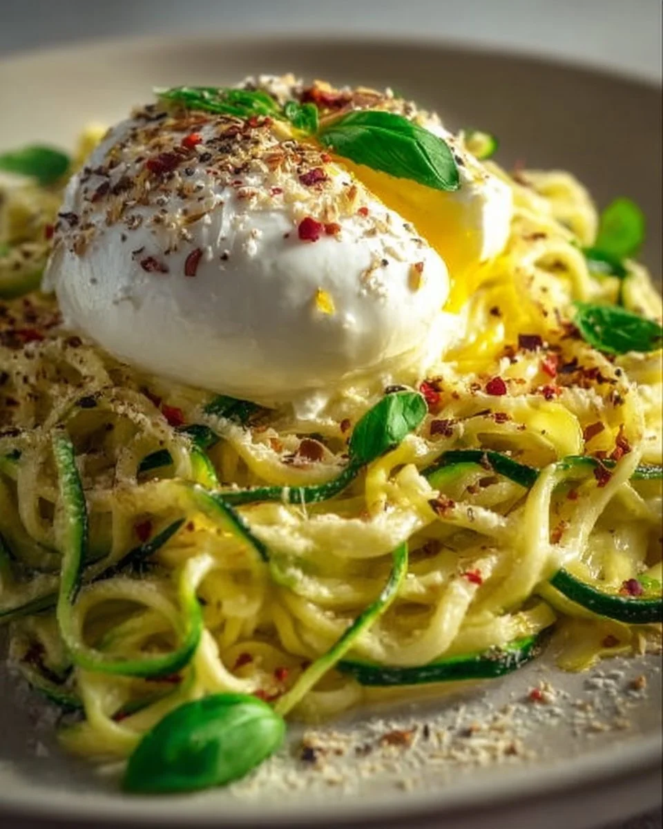 Zitronen-Zucchini-Pasta mit Burrata auf einem Teller angerichtet