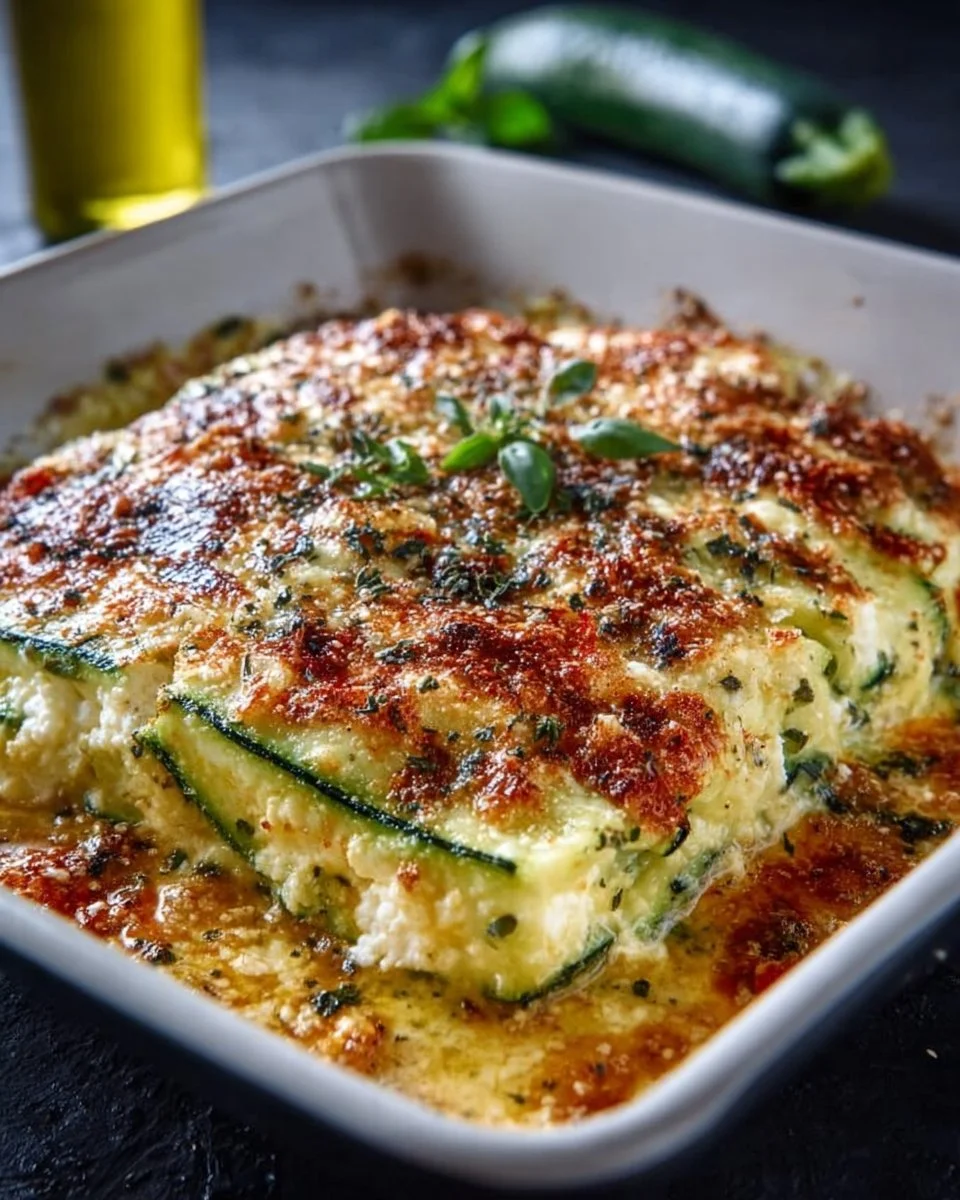 Zucchini-Hüttenkäse-Auflauf frisch aus dem Ofen, gesundes Rezept