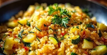 Bunte Zucchini-Reis-Pfanne mit frischen Gemüse und Gewürzen