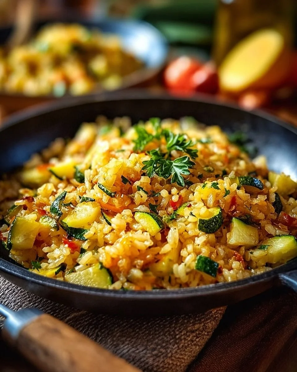 Bunte Zucchini-Reis-Pfanne mit frischen Gemüse und Gewürzen