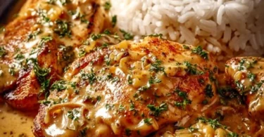 Zwiebel-Sahne-Hähnchen Gericht mit Sahnesoße und Zwiebeln